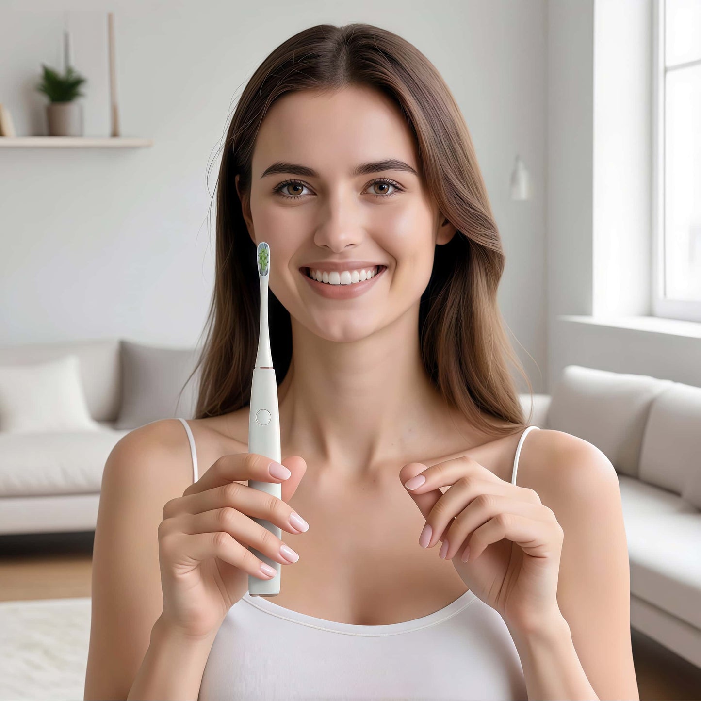 Woman Showing Orateeth Toothbrush in Home
