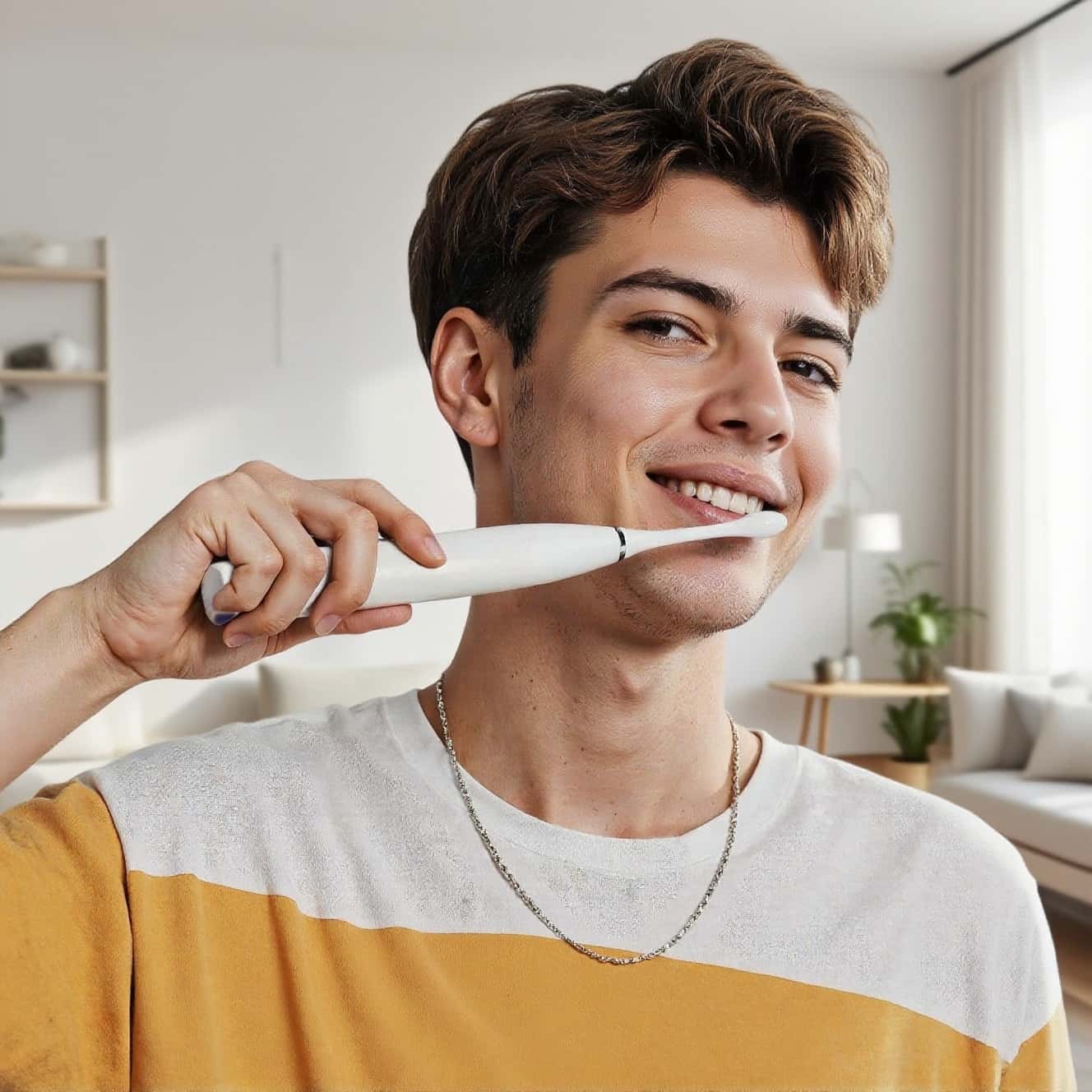 Man Using Orateeth Flow Toothbrush in Home