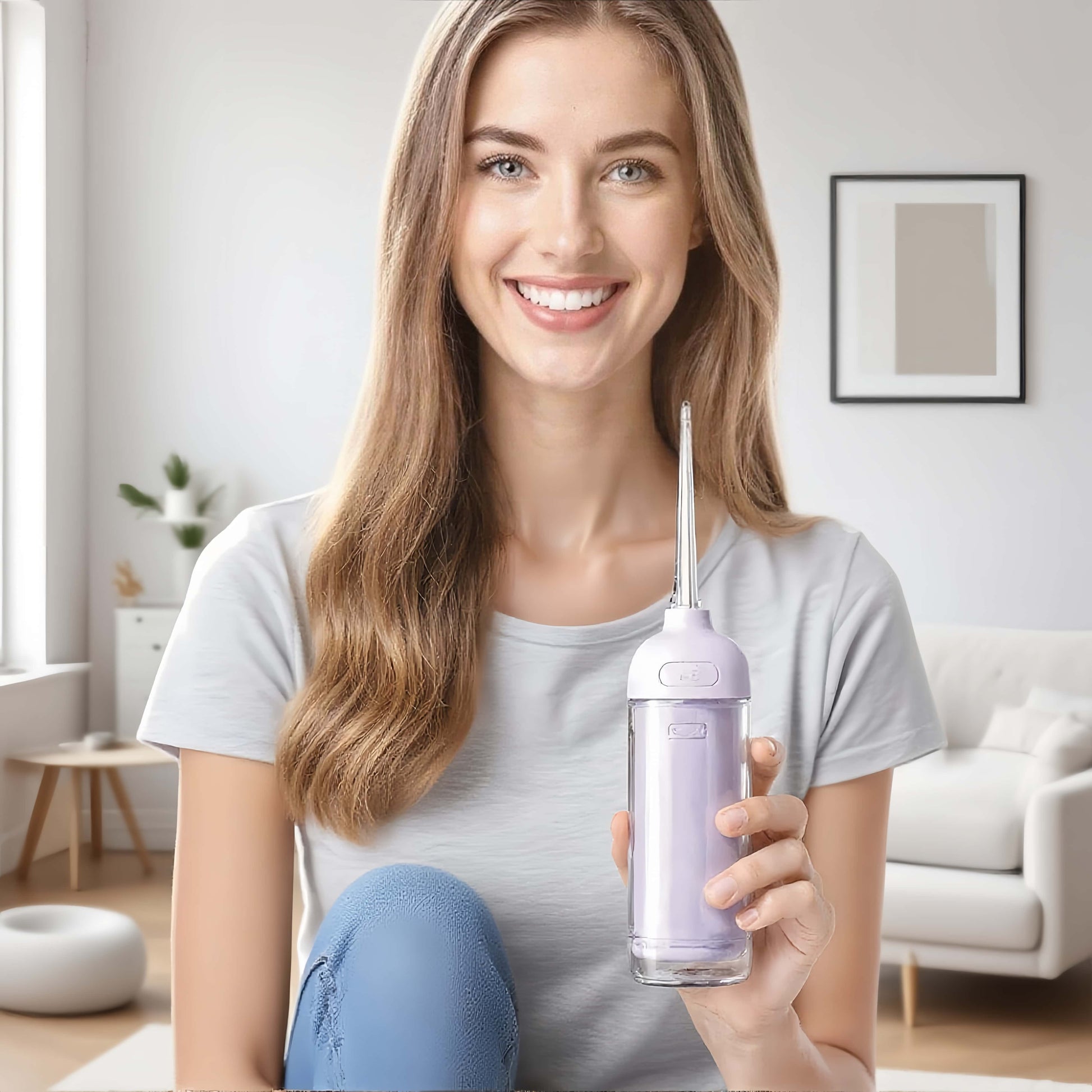Woman Using Orateeth Handy Water Flosser at Home