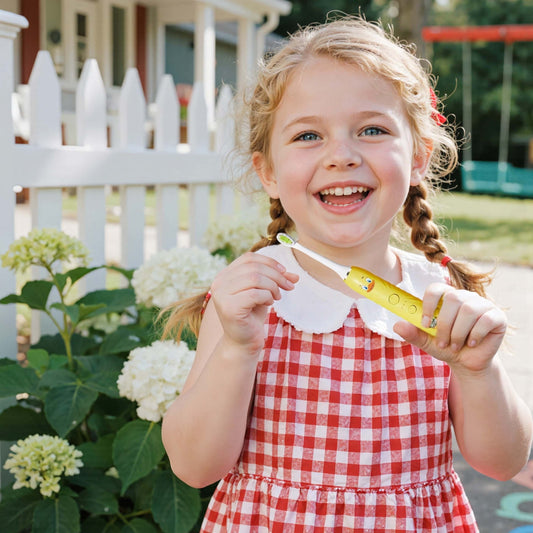 Girl Using Orateeth AI Toothbrush Outdoors