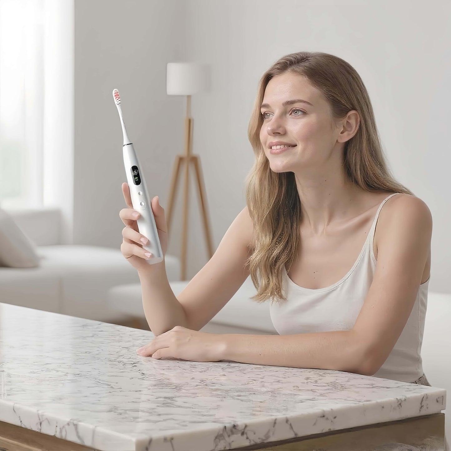 Woman Using Orateeth Toothbrush in Bathroom