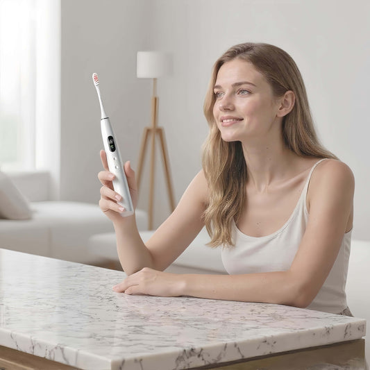Woman Using Orateeth Toothbrush in Bathroom