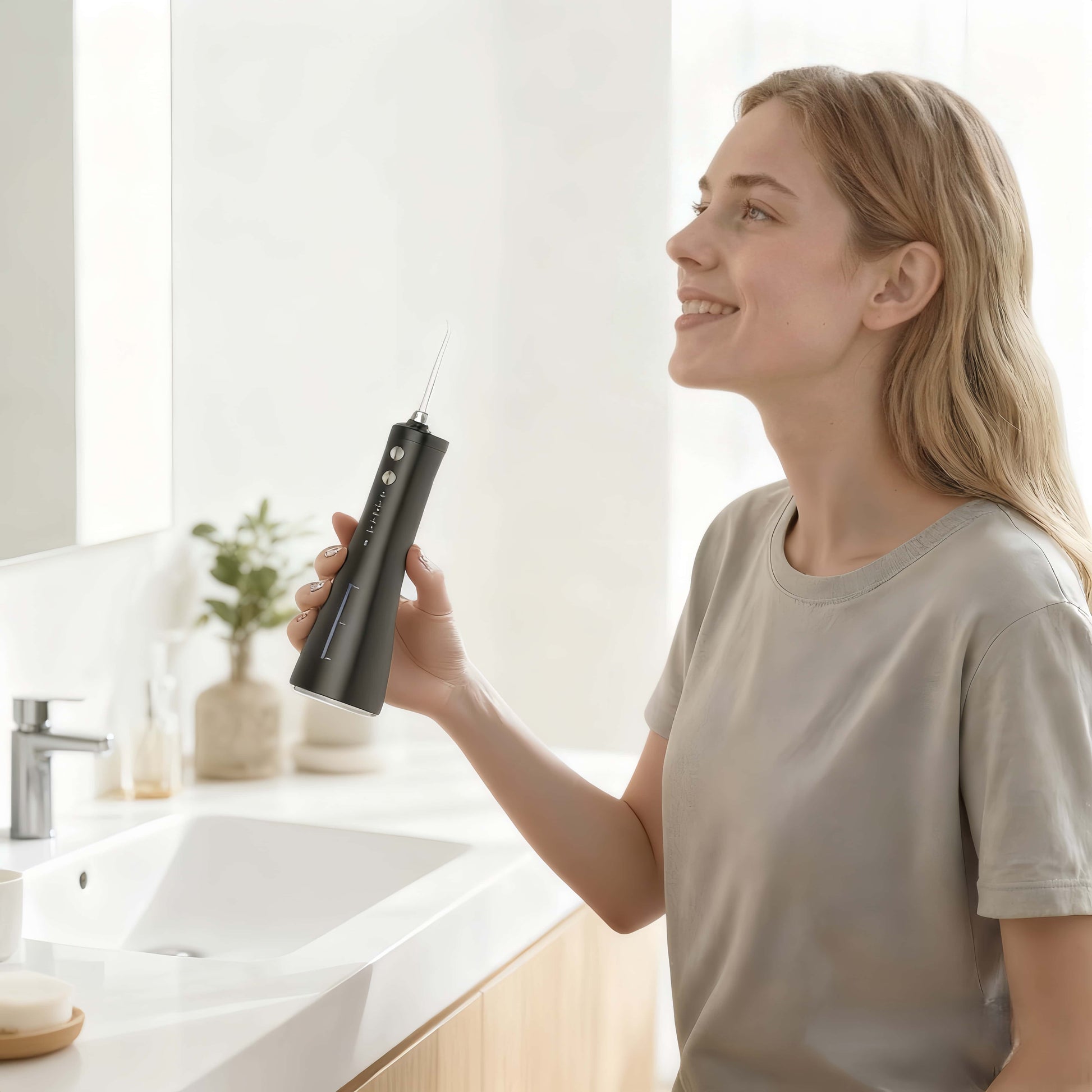 Orateeth User Using UV Flosser