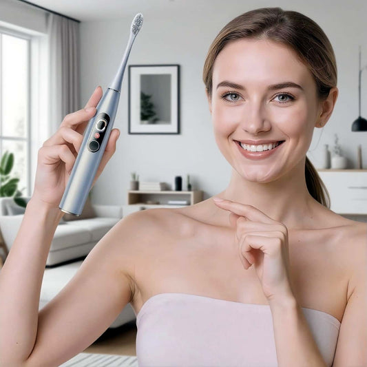 Woman Using Orateeth X Pro Toothbrush at Home