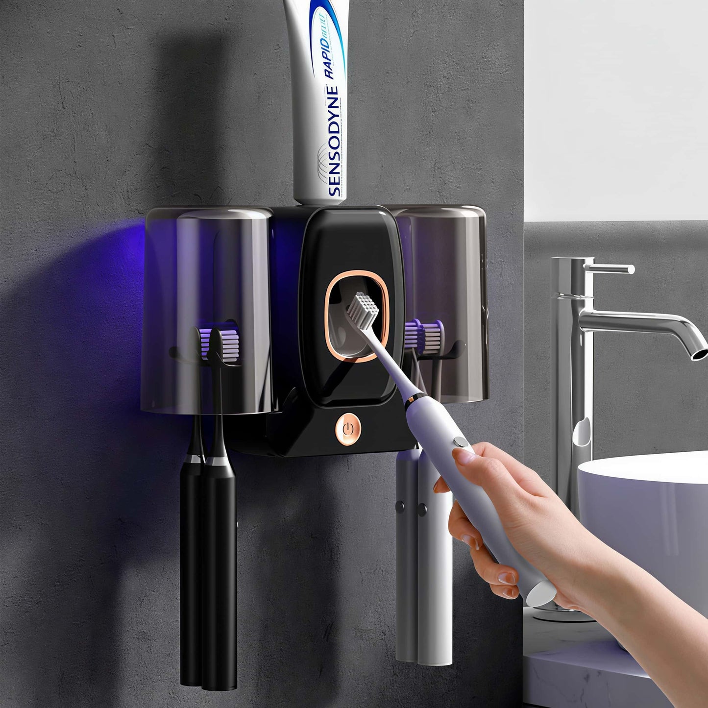 Orateeth UV Toothbrush Holder with Toothpaste Dispenser – 4-Slot Family Organizer